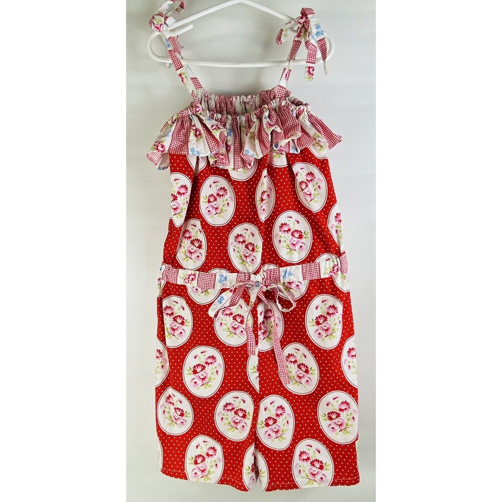 THE SASSY CHIC BOUTIQUE GIRLS Red Floral Short Romper Summer Ruffle SIZE 7/8